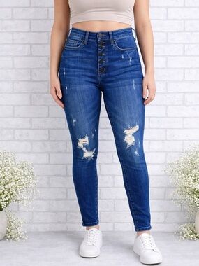 Judy Blue Button Fly Distressed Boyfriend Jeans - Dark Blue Size 7/28